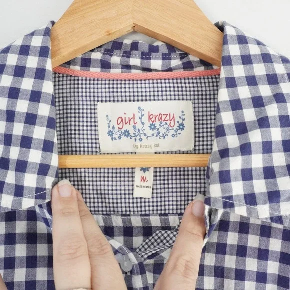Girl Krazy Gingham Button Down‎ Shirt Long Sleeve Casual Top M Prairie Cottage - Picture 3 of 6